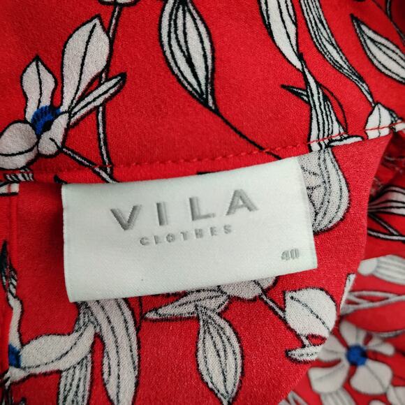 Vila Blouse Red with White Floral Print Size M/L Short Sleeve High Neck Ruffled - Picture 10 of 11